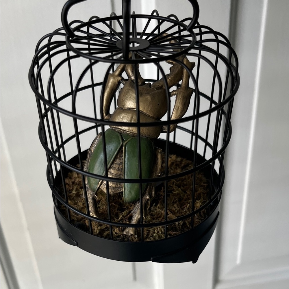 Black Wire Birdcage w/ Gold/Green Scarab Beetle Dark Academia Gothic Decor - Picture 3 of 8
